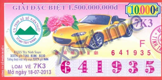 Mẫu vé sô xổ số Tây Ninh ngày 18/7/2013