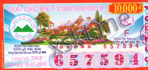 Mẫu vé sô xổ số Tây Ninh ngày 18/7/2019