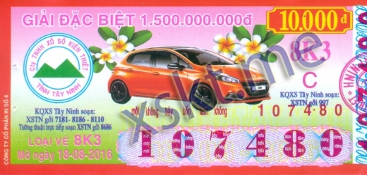 Mẫu vé sô xổ số Tây Ninh ngày 18/8/2016