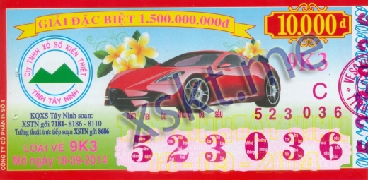 Mẫu vé sô xổ số Tây Ninh ngày 18/9/2014