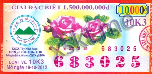 Mẫu vé sô xổ số Tây Ninh ngày 18/10/2012