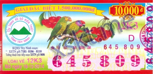 Mẫu vé sô xổ số Tây Ninh ngày 18/12/2014