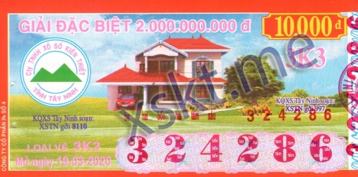 Mẫu vé sô xổ số Tây Ninh ngày 19/3/2020