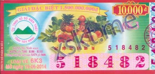 Mẫu vé sô xổ số Tây Ninh ngày 19/6/2014