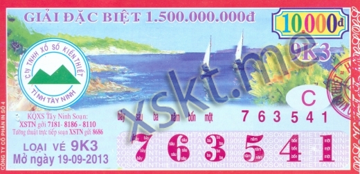 Mẫu vé sô xổ số Tây Ninh ngày 19/9/2013