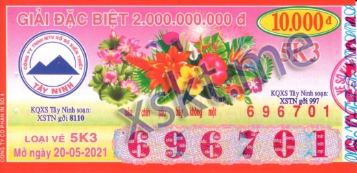 Mẫu vé sô xổ số Tây Ninh ngày 20/5/2021