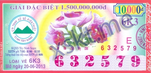 Mẫu vé sô xổ số Tây Ninh ngày 20/6/2013