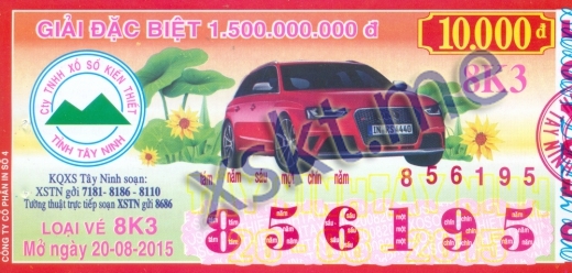 Mẫu vé sô xổ số Tây Ninh ngày 20/8/2015