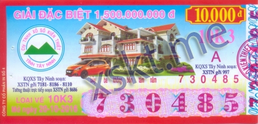 Mẫu vé sô xổ số Tây Ninh ngày 20/10/2016