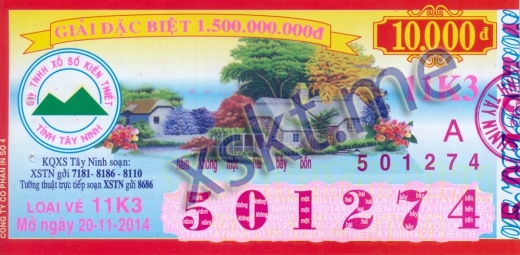 Mẫu vé sô xổ số Tây Ninh ngày 20/11/2014