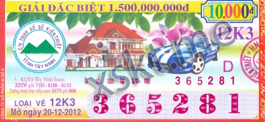 Mẫu vé sô xổ số Tây Ninh ngày 20/12/2012