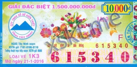 Mẫu vé sô xổ số Tây Ninh ngày 21/1/2016