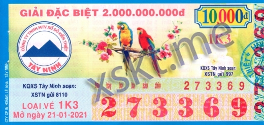 Mẫu vé sô xổ số Tây Ninh ngày 21/1/2021