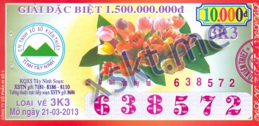 Mẫu vé sô xổ số Tây Ninh ngày 21/3/2013