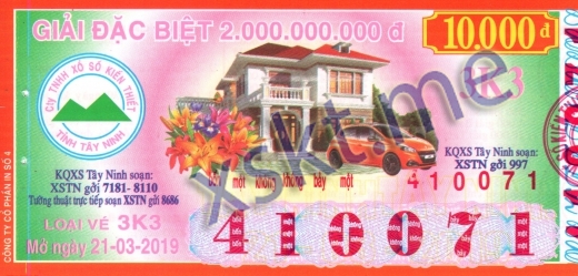 Mẫu vé sô xổ số Tây Ninh ngày 21/3/2019