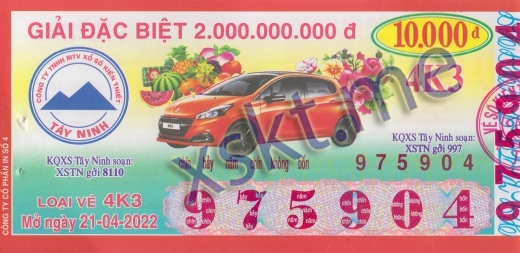 Mẫu vé sô xổ số Tây Ninh ngày 21/4/2022