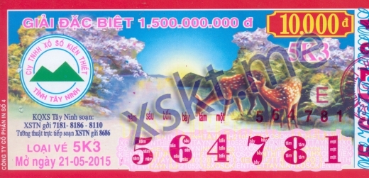 Mẫu vé sô xổ số Tây Ninh ngày 21/5/2015
