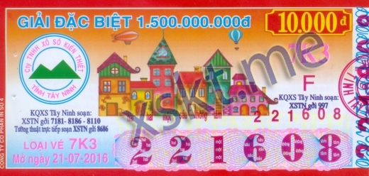 Mẫu vé sô xổ số Tây Ninh ngày 21/7/2016