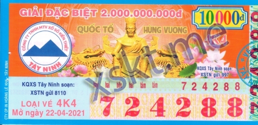 Mẫu vé sô xổ số Tây Ninh ngày 22/4/2021