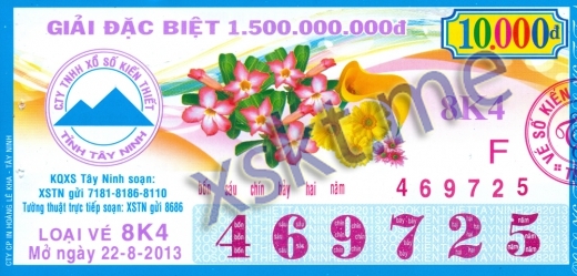 Mẫu vé sô xổ số Tây Ninh ngày 22/8/2013