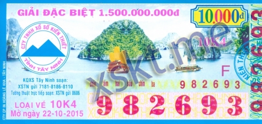 Mẫu vé sô xổ số Tây Ninh ngày 22/10/2015