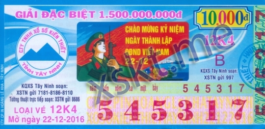 Mẫu vé sô xổ số Tây Ninh ngày 22/12/2016