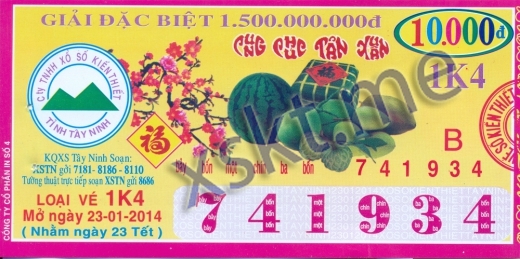 Mẫu vé sô xổ số Tây Ninh ngày 23/1/2014