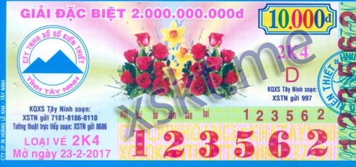 Mẫu vé sô xổ số Tây Ninh ngày 23/2/2017