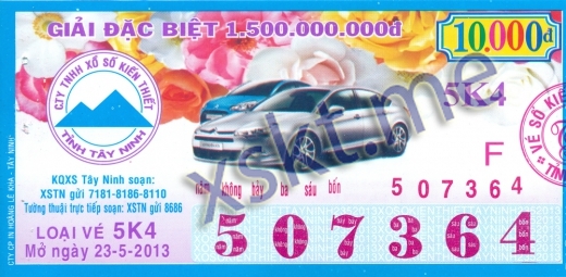 Mẫu vé sô xổ số Tây Ninh ngày 23/5/2013