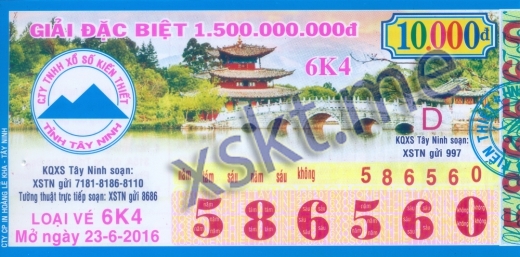 Mẫu vé sô xổ số Tây Ninh ngày 23/6/2016