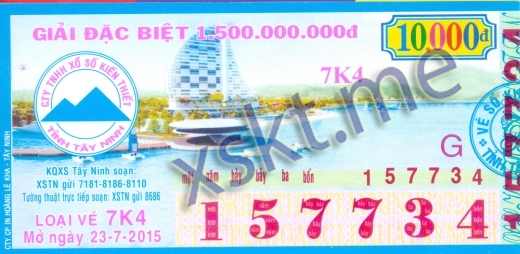 Mẫu vé sô xổ số Tây Ninh ngày 23/7/2015
