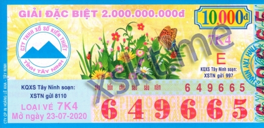 Mẫu vé sô xổ số Tây Ninh ngày 23/7/2020