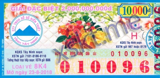 Mẫu vé sô xổ số Tây Ninh ngày 23/8/2018