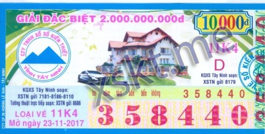Mẫu vé sô xổ số Tây Ninh ngày 23/11/2017