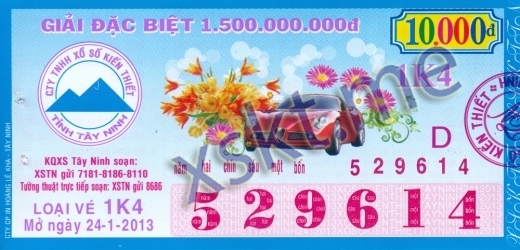 Mẫu vé sô xổ số Tây Ninh ngày 24/1/2013