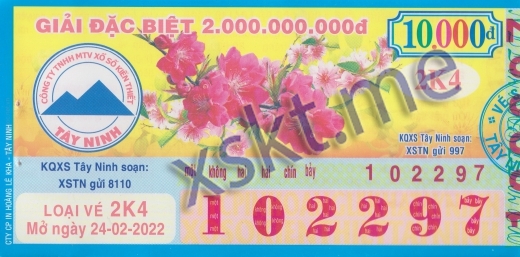 Mẫu vé sô xổ số Tây Ninh ngày 24/2/2022