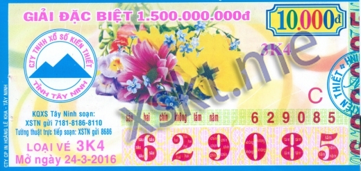 Mẫu vé sô xổ số Tây Ninh ngày 24/3/2016