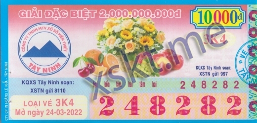Mẫu vé sô xổ số Tây Ninh ngày 24/3/2022