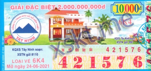Mẫu vé sô xổ số Tây Ninh ngày 24/6/2021