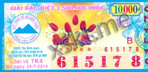 Mẫu vé sô xổ số Tây Ninh ngày 24/7/2014