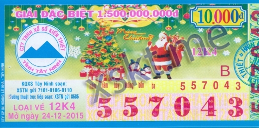 Mẫu vé sô xổ số Tây Ninh ngày 24/12/2015