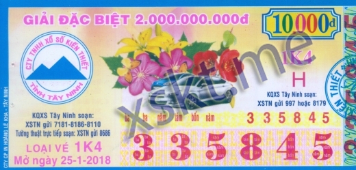 Mẫu vé sô xổ số Tây Ninh ngày 25/1/2018