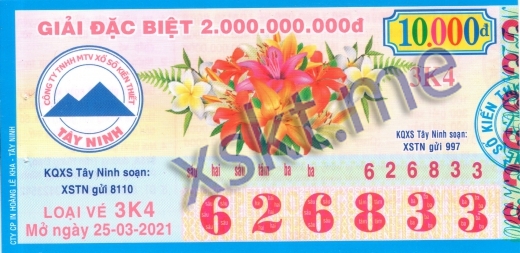 Mẫu vé sô xổ số Tây Ninh ngày 25/3/2021
