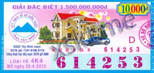 Mẫu vé sô xổ số Tây Ninh ngày 25/4/2013