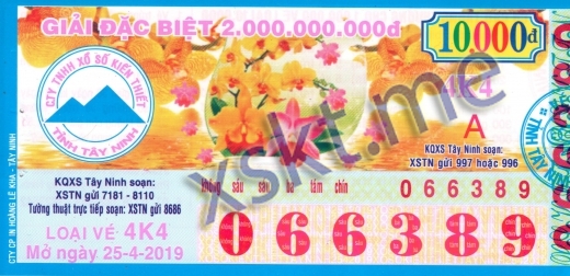 Mẫu vé sô xổ số Tây Ninh ngày 25/4/2019