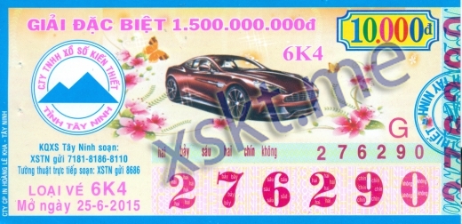 Mẫu vé sô xổ số Tây Ninh ngày 25/6/2015