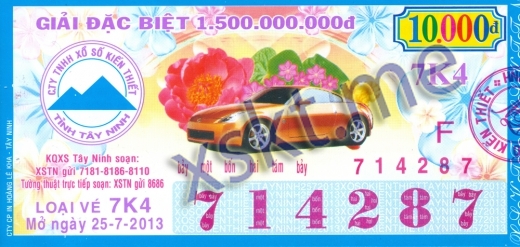 Mẫu vé sô xổ số Tây Ninh ngày 25/7/2013