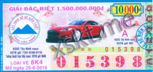 Mẫu vé sô xổ số Tây Ninh ngày 25/8/2016
