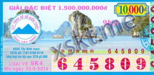 Mẫu vé sô xổ số Tây Ninh ngày 25/9/2014