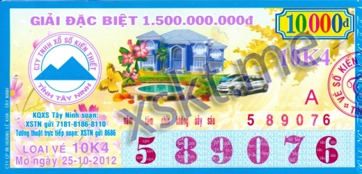 Mẫu vé sô xổ số Tây Ninh ngày 25/10/2012